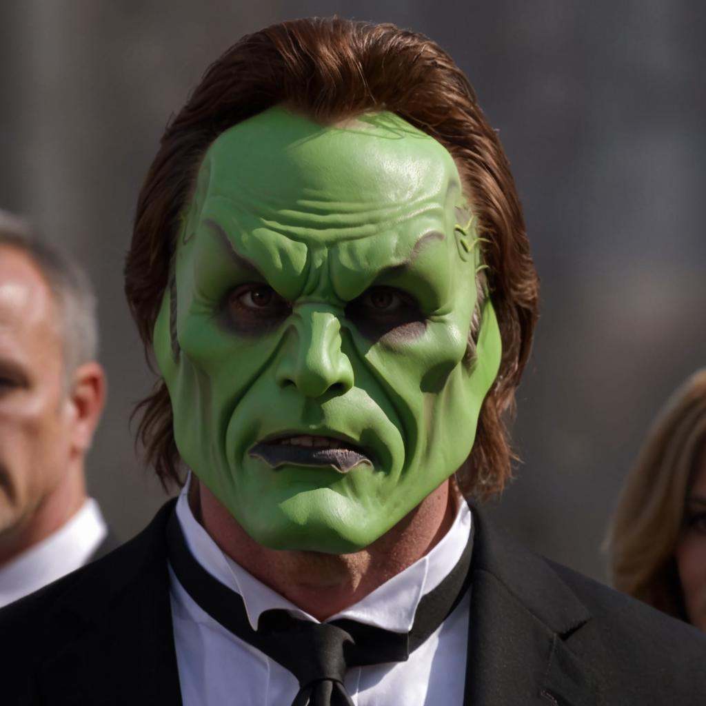 detailed high quality photo of a man with a (((green head))) and brown hair,  the_mask on Tensor.Art