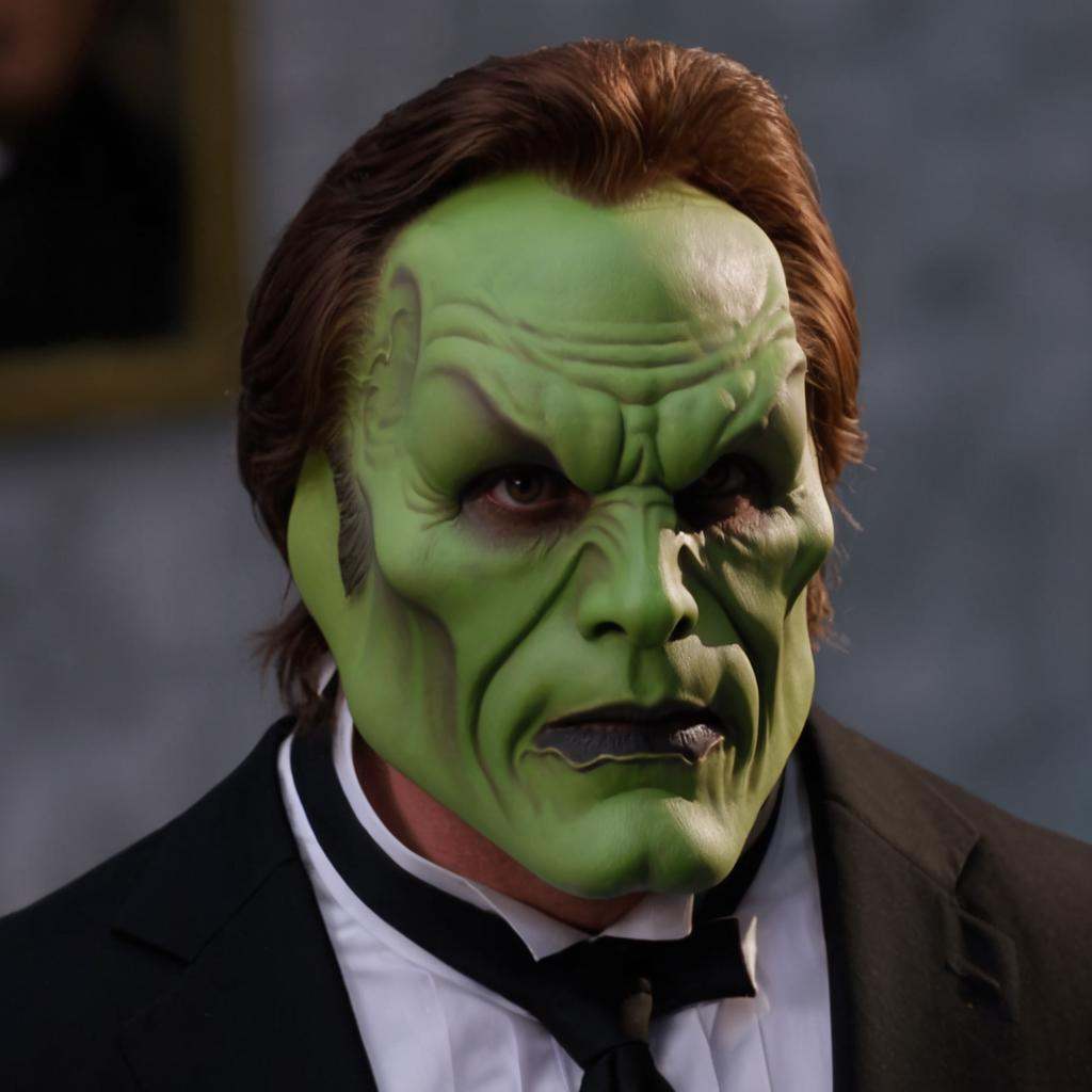 detailed high quality photo of a man with a (((green head))) and brown hair,  the_mask on Tensor.Art