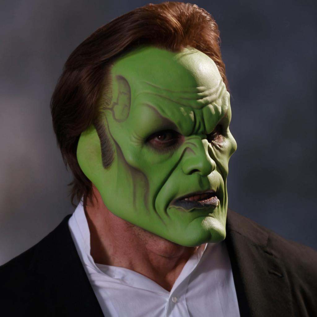 detailed high quality photo of a man with a (((green head))) and brown hair,  the_mask on Tensor.Art