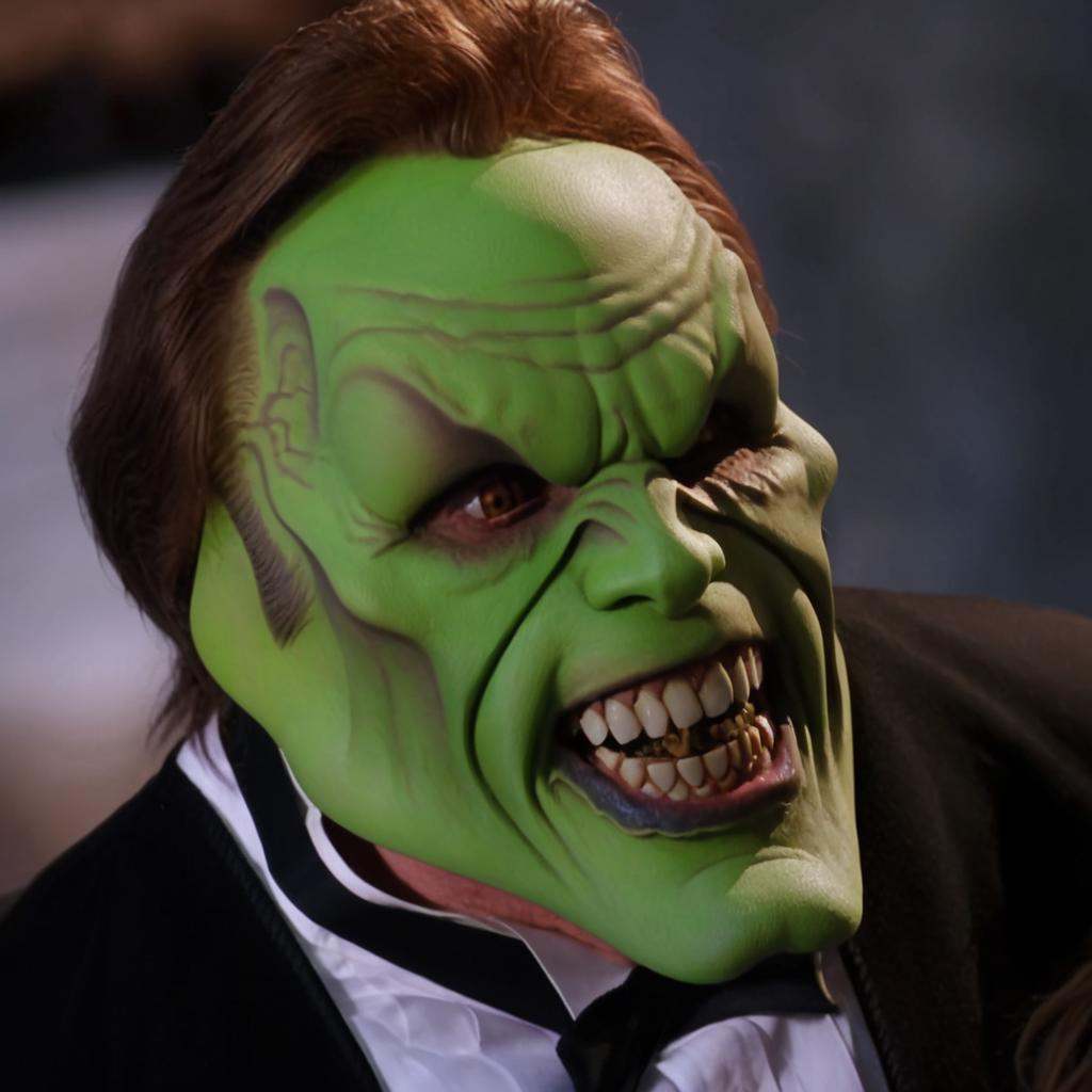 detailed high quality photo of a laughing man with a (((green head))),  ugly teeth and brown hair,  the_mask on Tensor.Art