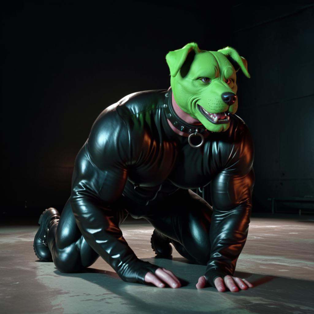detailed high quality nsfw erotic photo of a huge strong massive extremely muscular sexy man with a (((green dog head))) o...