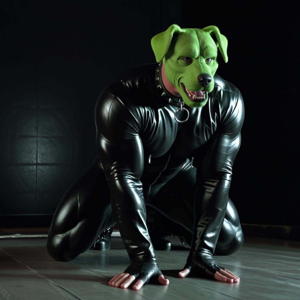 detailed high quality nsfw erotic photo of a huge strong massive extremely muscular sexy man with a (((green dog head))) o...