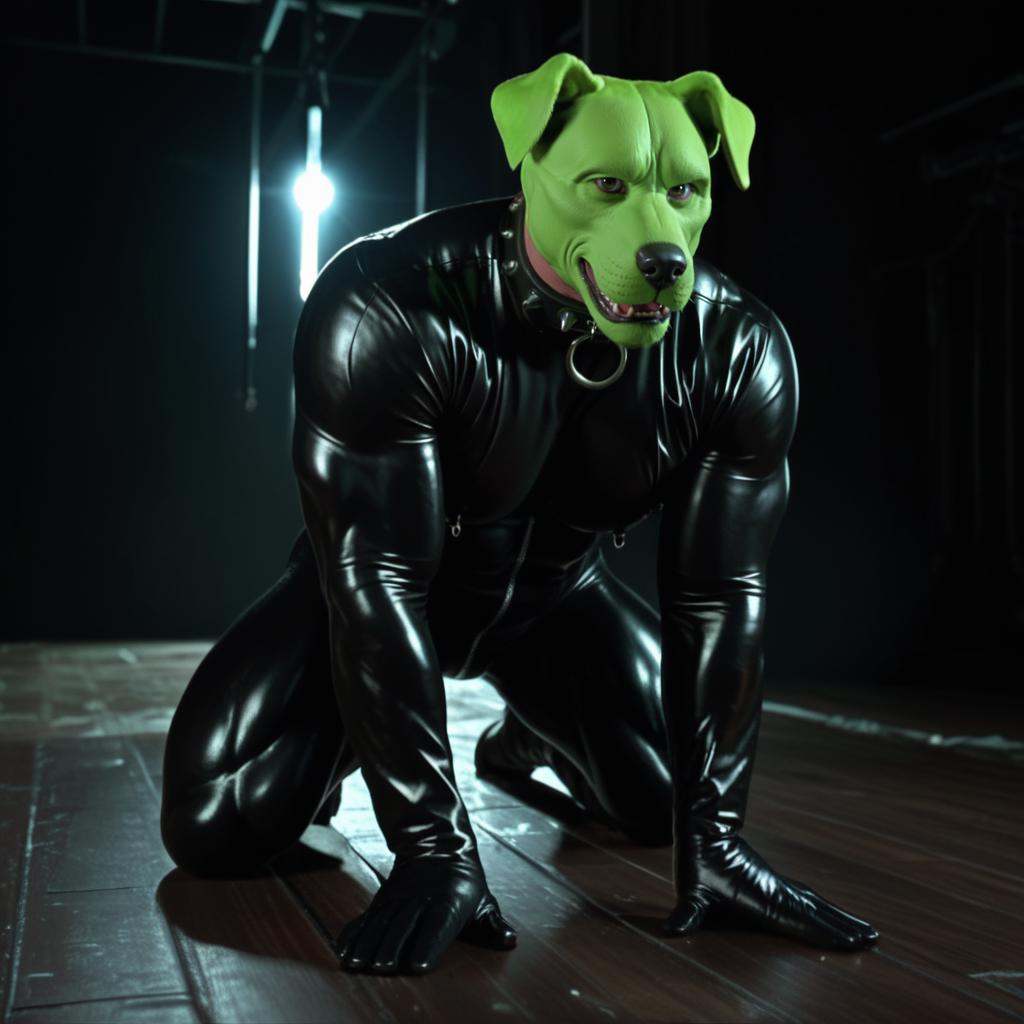 detailed high quality nsfw erotic photo of a huge strong massive extremely muscular sexy man with a (((green dog head))) o...