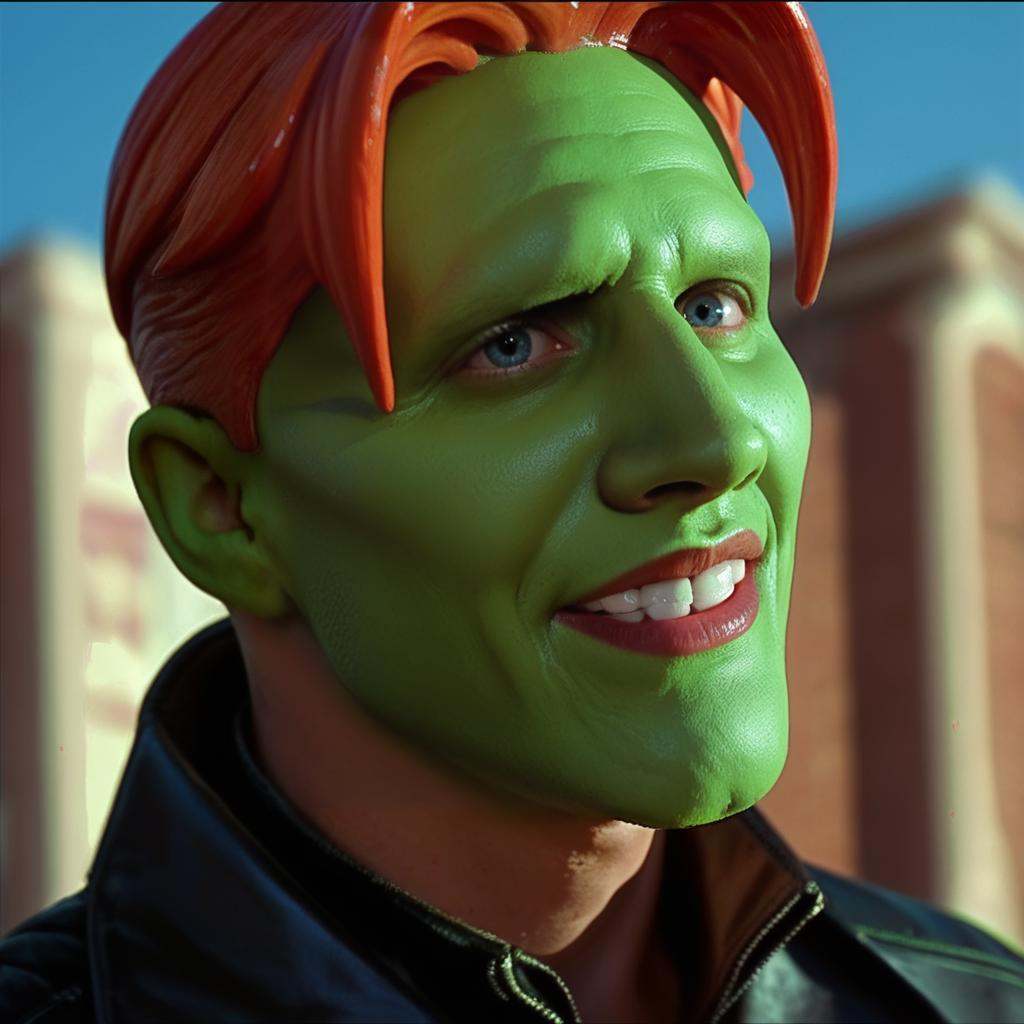 a funny happy amazed enthusiastic excited humourous bald man with a (((green head))) with red hair,  grimace,  the_mask on...