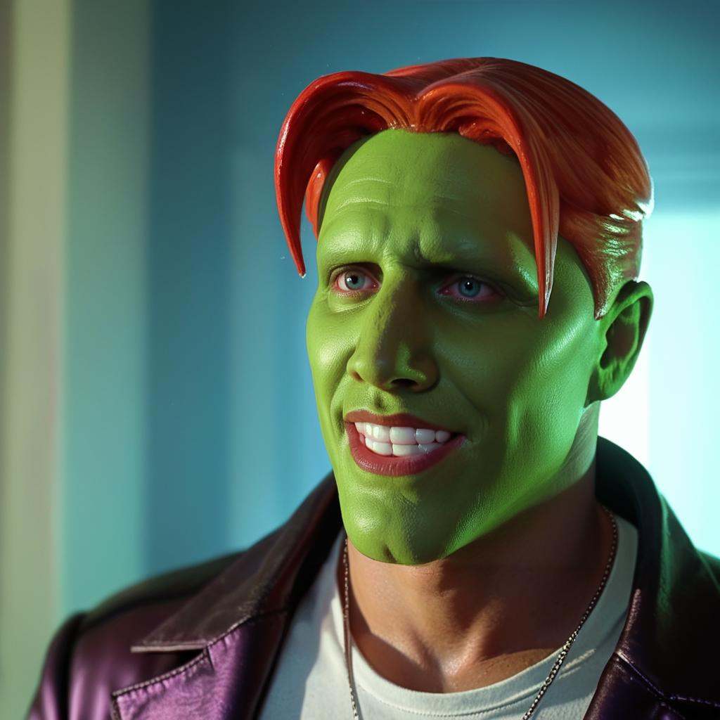 a funny happy amazed enthusiastic excited humourous bald man with a (((green head))) with red hair,  grimace,  the_mask on...