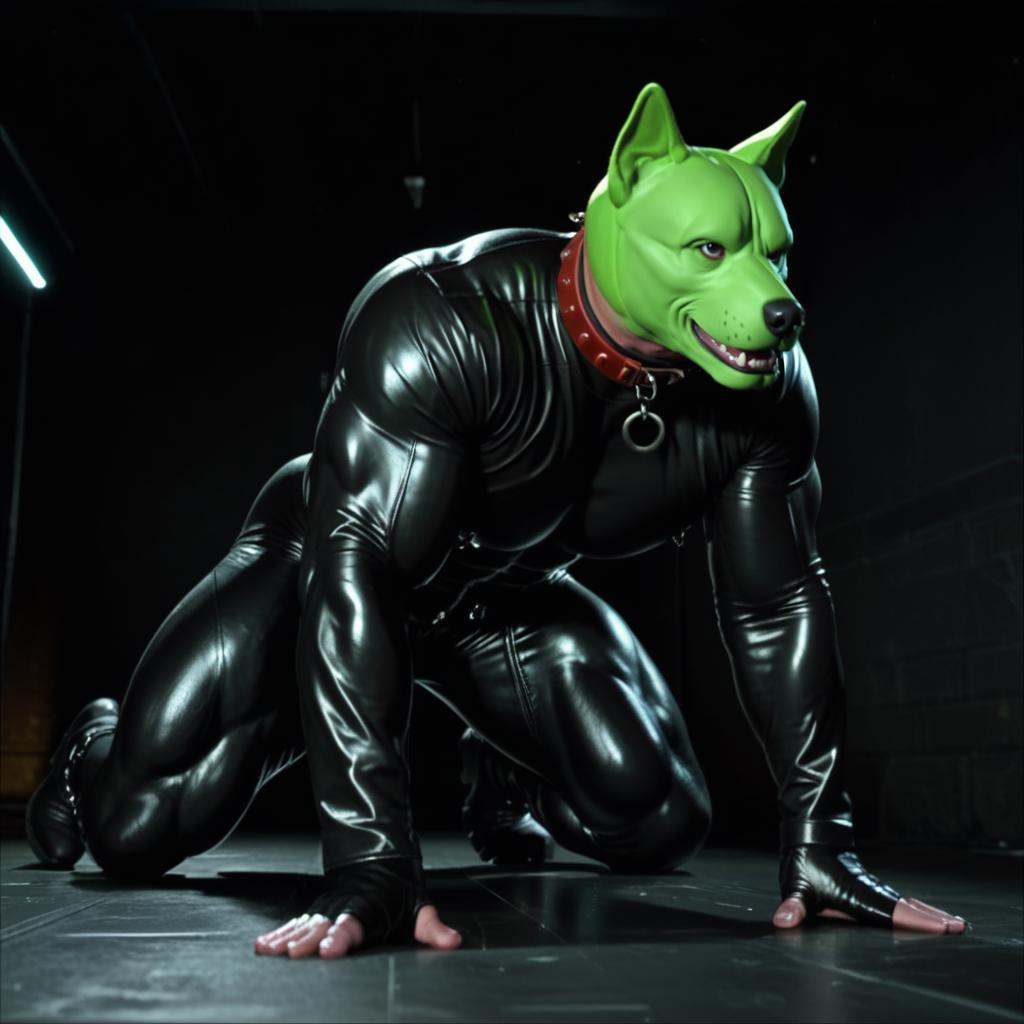 detailed high quality nsfw erotic photo of a huge strong massive extremely muscular sexy man with a (((green dog head))) o...