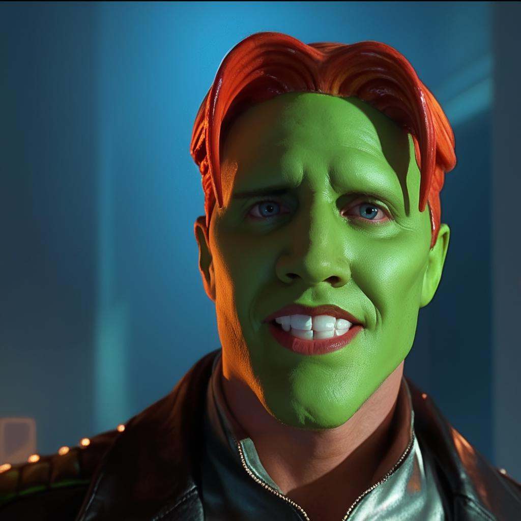 a funny happy amazed enthusiastic excited humourous bald man with a (((green head))) with red hair,  grimace,  the_mask on...
