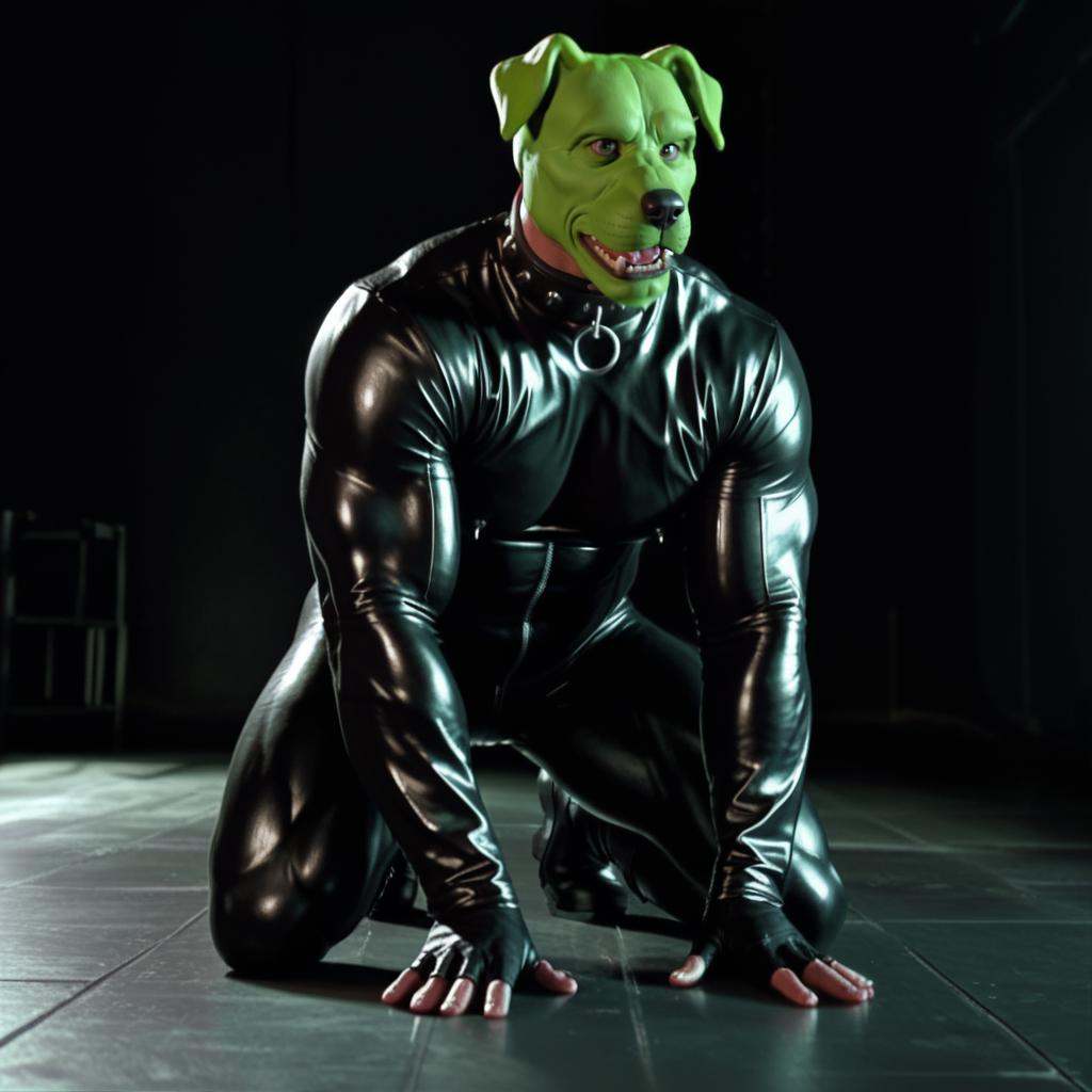 detailed high quality nsfw erotic photo of a huge strong massive extremely muscular sexy man with a (((green dog head))) o...