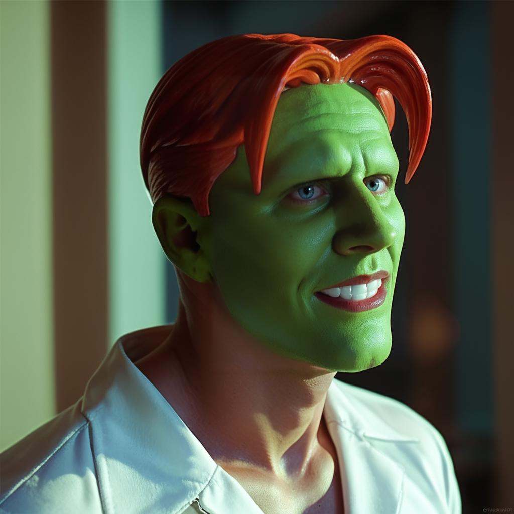 a funny happy amazed enthusiastic excited humourous bald man with a (((green head))) with red hair,  grimace,  the_mask on...