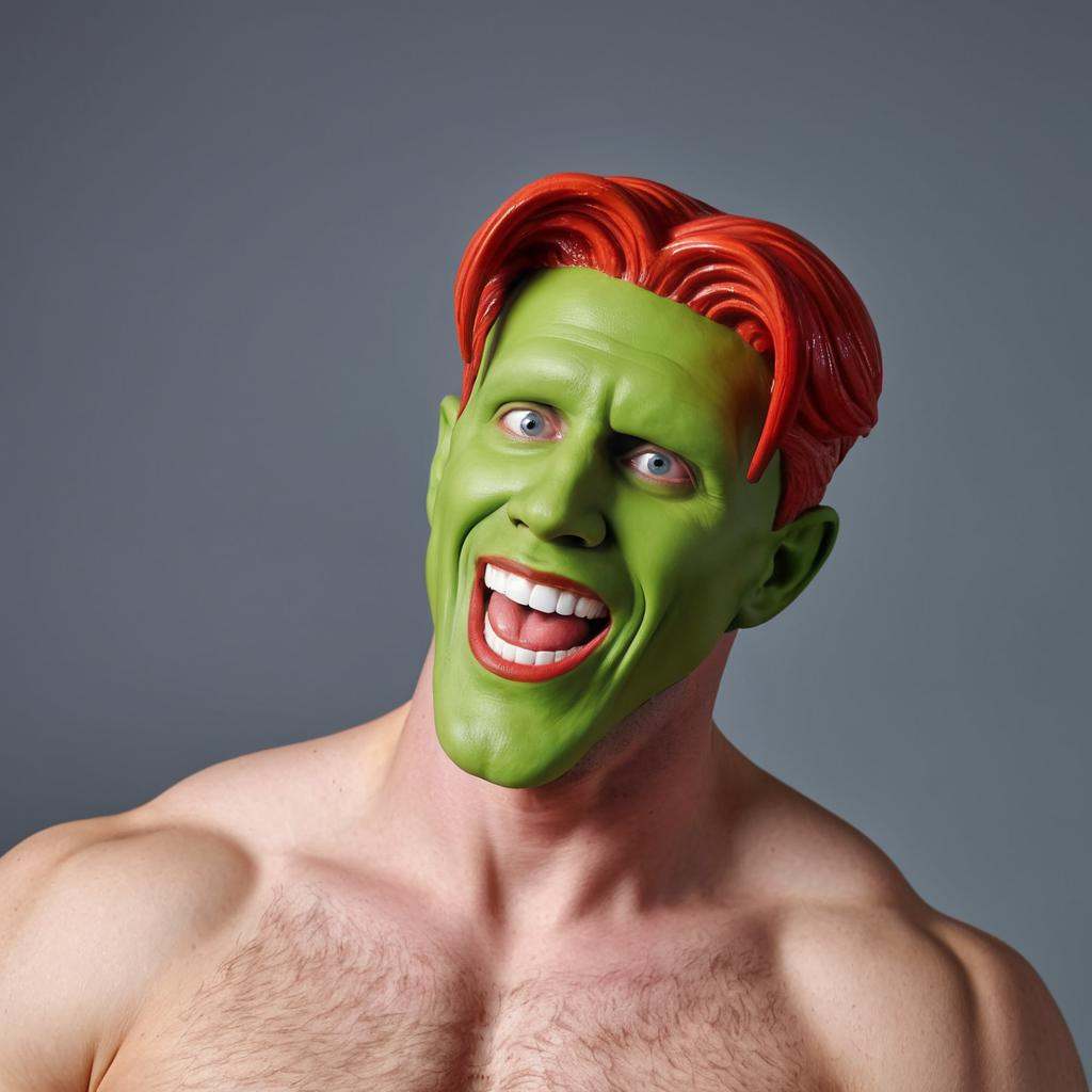 detailed high quality photo of a excited happy amazed man with a (((green head))),  red lips,  big teeth on Tensor.Art