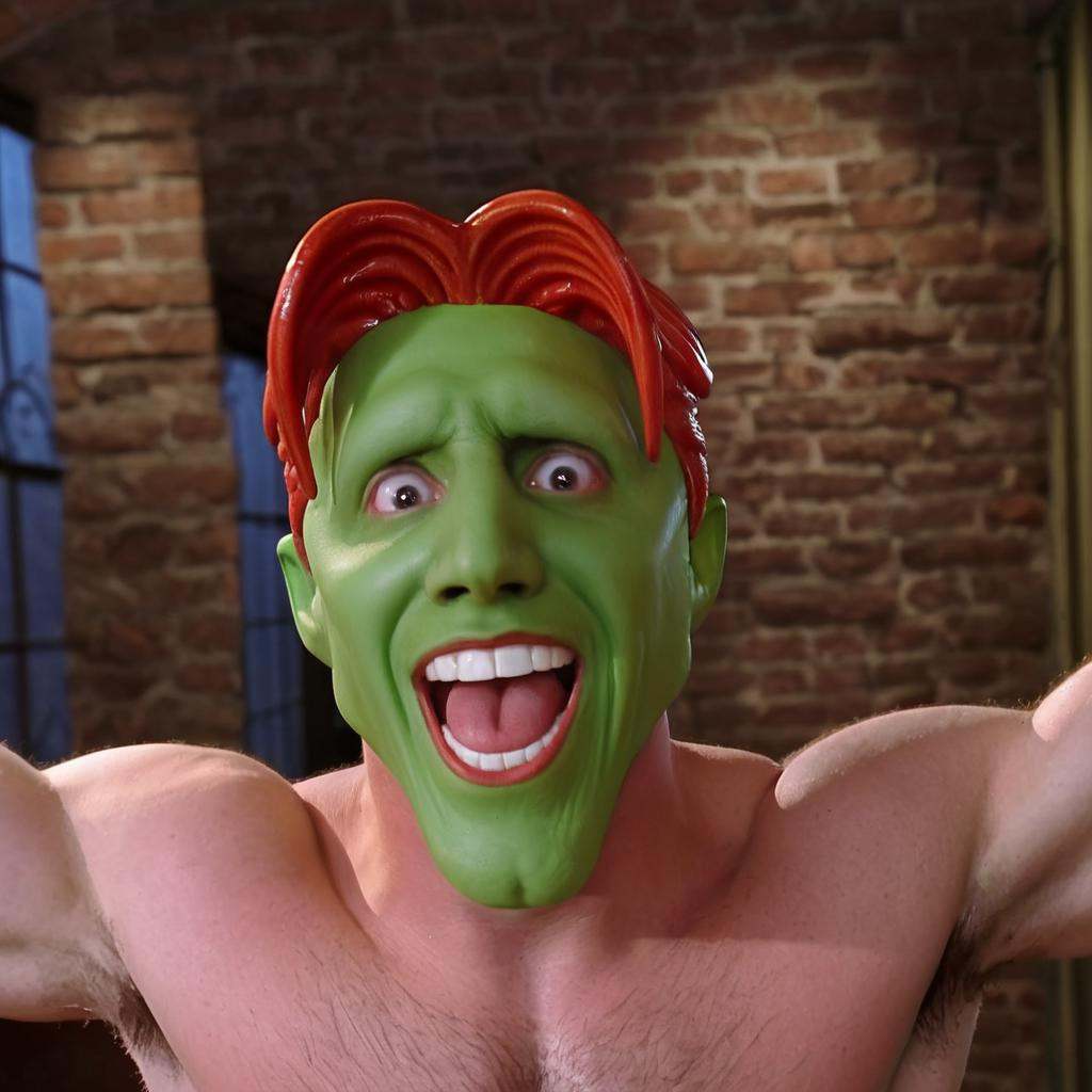detailed high quality photo of a excited happy amazed man with a (((green head))) and red hair,  the_mask on Tensor.Art