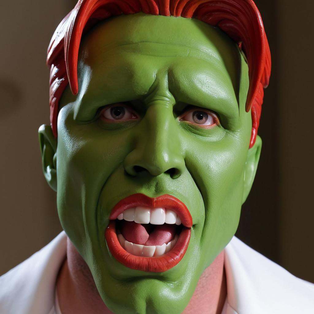 detailed high quality photo of a man with a (((green head))),  red lips,  big teeth on Tensor.Art