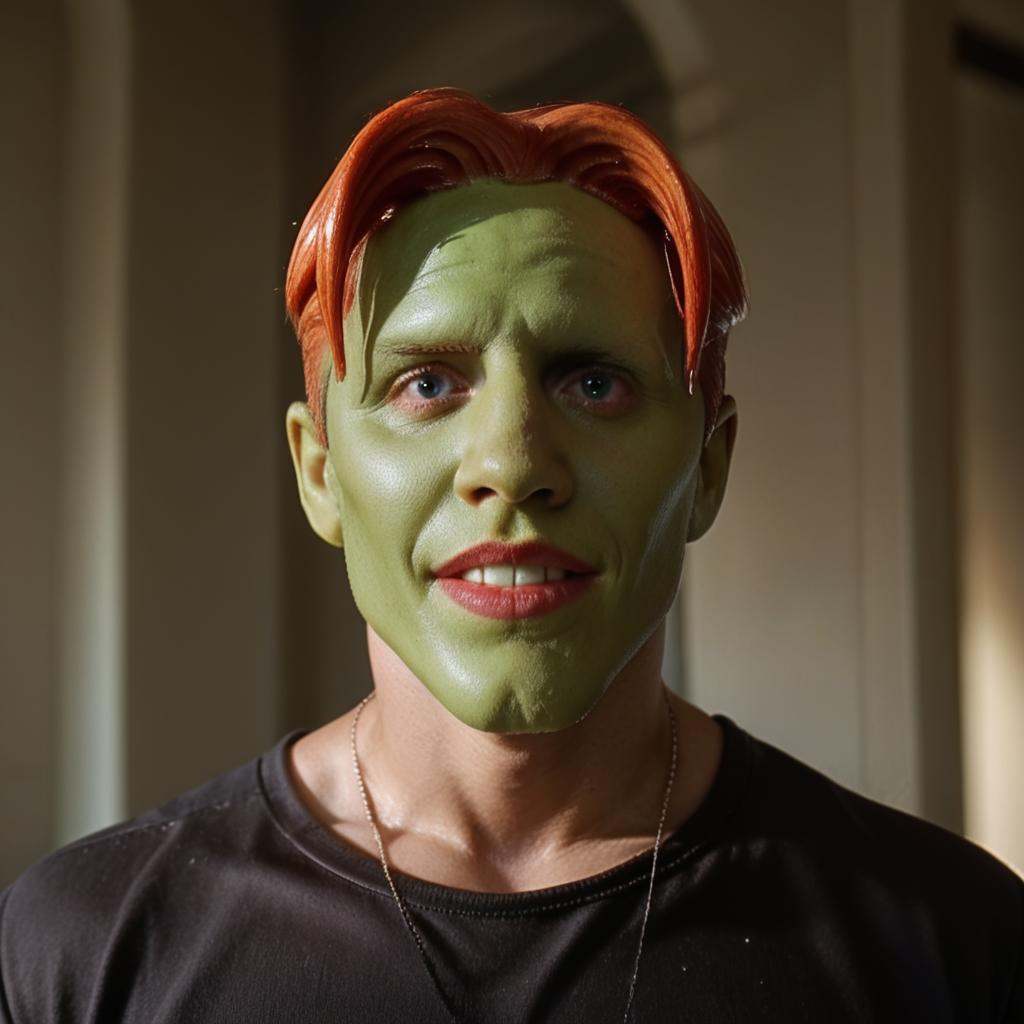 a funny happy amazed enthusiastic excited humourous bald man with a (((green head))) with red hair,  grimace,  the_mask on...