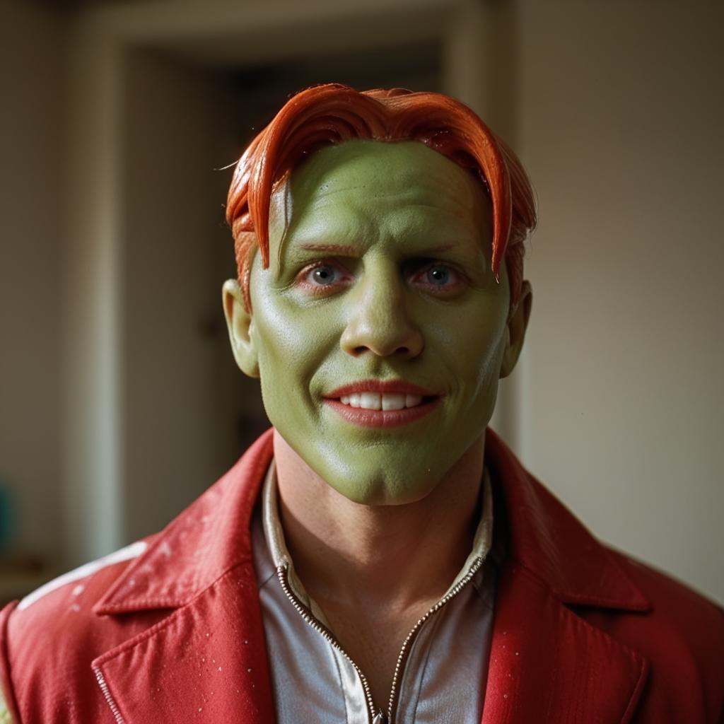 a funny happy amazed enthusiastic excited humourous bald man with a (((green head))) with red hair,  grimace,  the_mask on...
