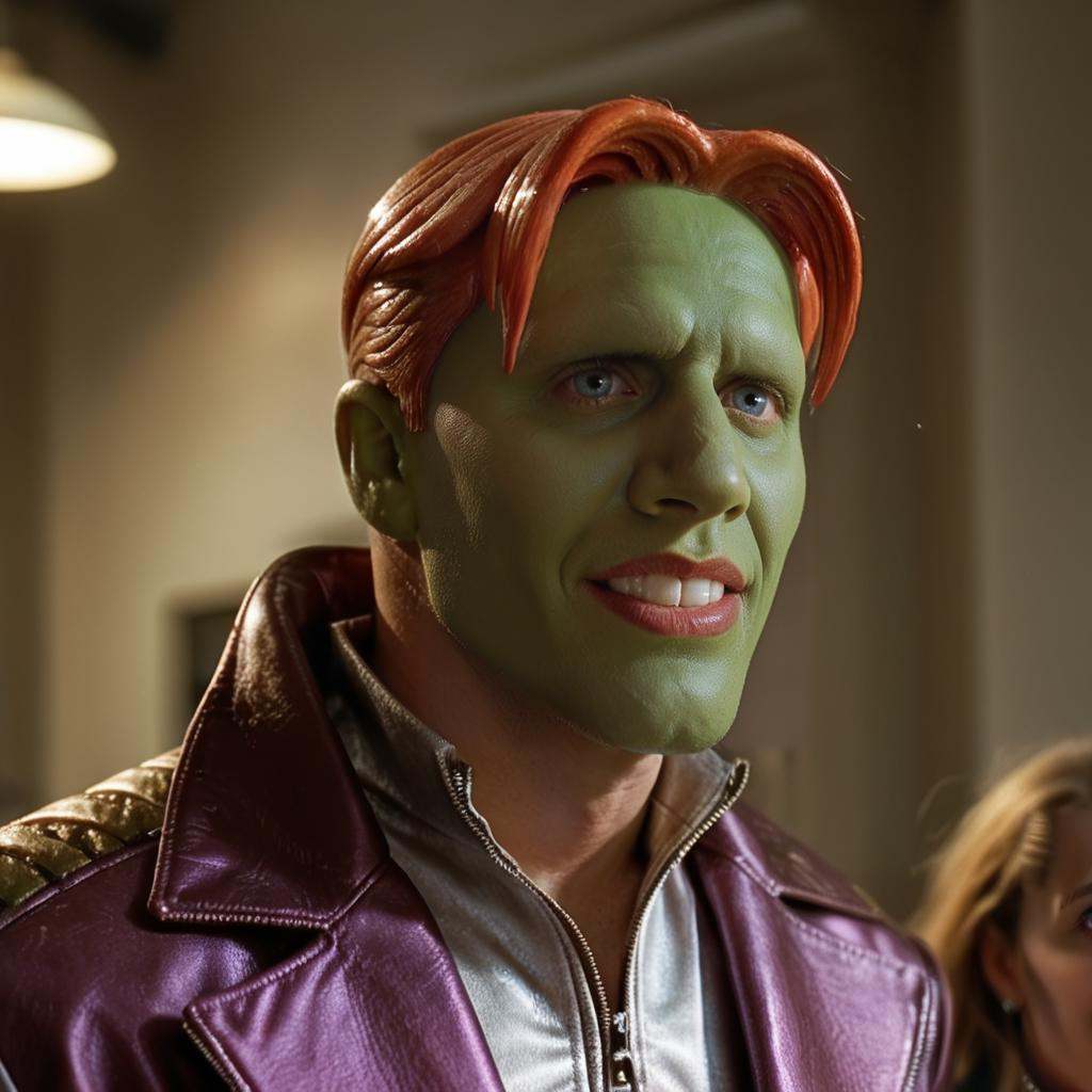 a funny happy amazed enthusiastic excited humourous bald man with a (((green head))) with red hair,  grimace,  the_mask on...