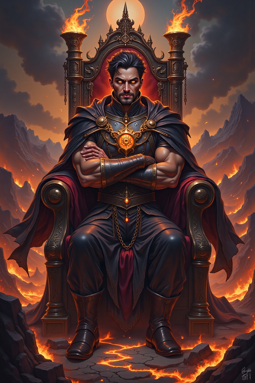 Fiery molten-orange eyes,  Lava-like burning irises,  Smoldering hypnotic gaze on Tensor.Art