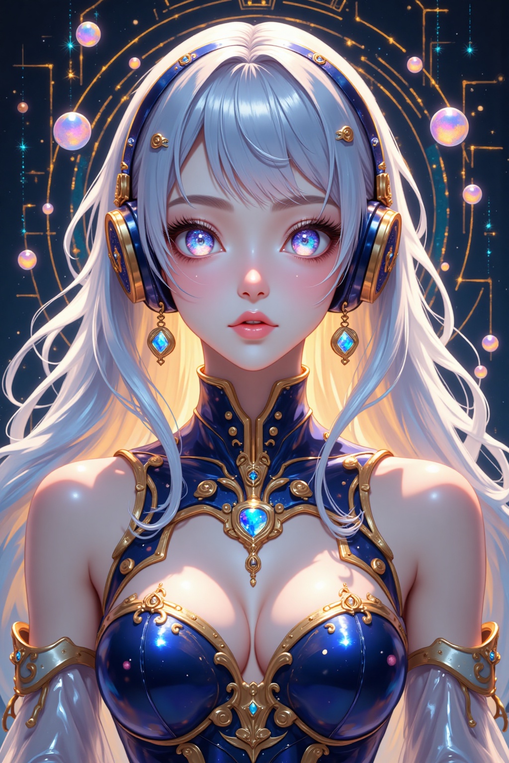 Almond-shaped crystalline eyes,  Holographic starry irises,  Celestial nebula reflections on Tensor.Art