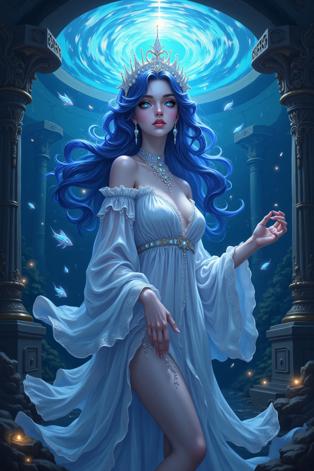 Dark iridescent blue eyes,  Bioluminescent glowing abyssal irises,  Hypnotic deep-sea gaze on Tensor.Art