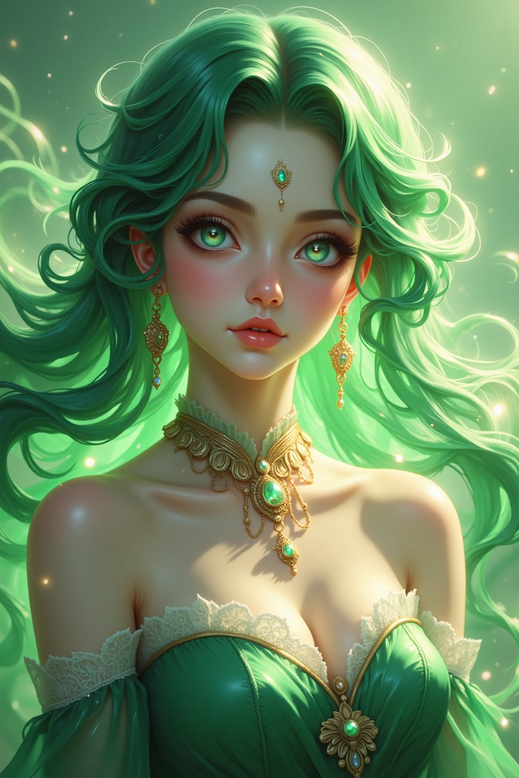 Emerald-green hair,  Flowing wavy hair,  Ethereal glow on Tensor.Art