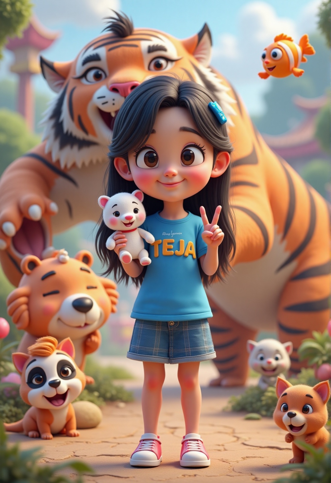 Prompt: "Create a 3D cartoon-style realistic image of a 8-year-old A Korean woman with fair skin,  thin,  straight by 𝓓𝓿...