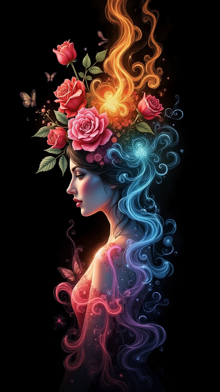 Vibrant watercolor wash glows on the high neckline of a beautifully dressed girl,  modestly painted in intricate calligrap...