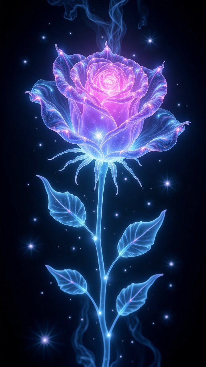 A breathtaking,  luminous glass rose,  glowing with ethereal blue and purple hues on Tensor.Art