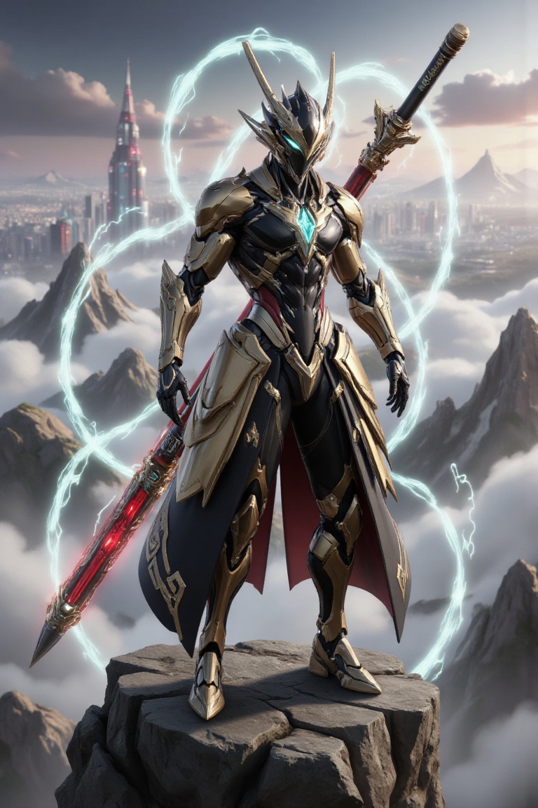Futuristic black Sun Wukong standing in a heroic pose atop a towering cyber-mountain,  enveloped in thin,  glowing mist. H...