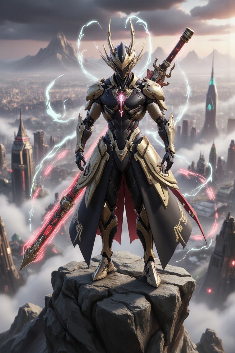 Futuristic black Sun Wukong standing in a heroic pose atop a towering cyber-mountain,  enveloped in thin,  glowing mist. H...