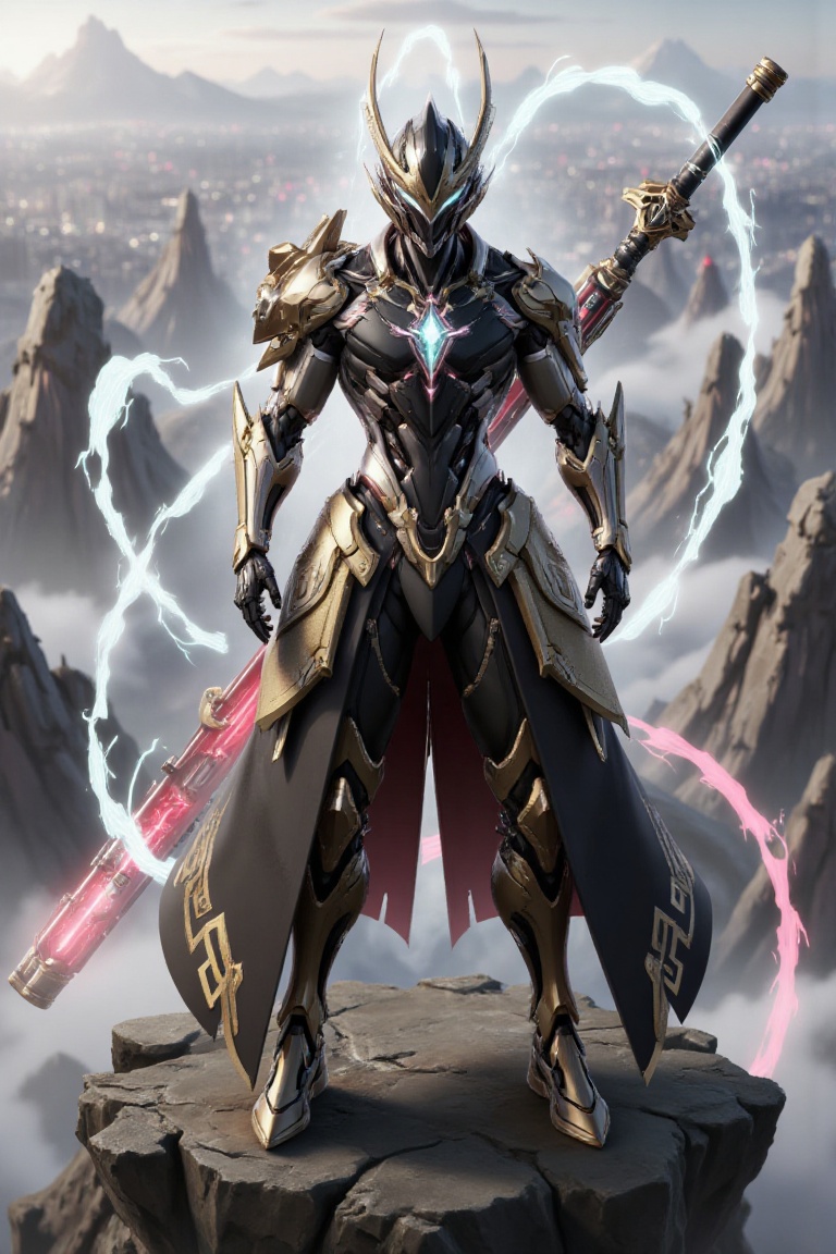 Futuristic black Sun Wukong standing in a heroic pose atop a towering cyber-mountain,  enveloped in thin,  glowing mist. H...