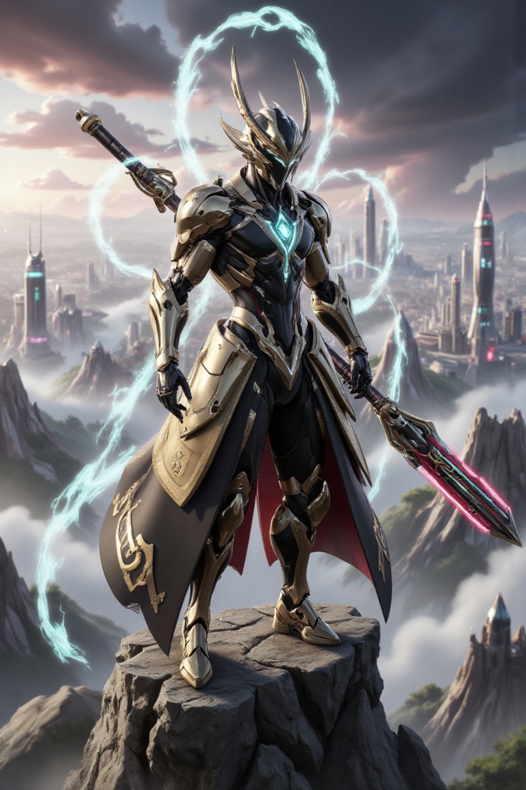 Futuristic black Sun Wukong standing in a heroic pose atop a towering cyber-mountain,  enveloped in thin,  glowing mist. H...