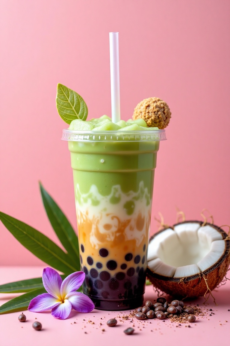 A highly realistic advertising scene showcases a plastic cup with a straw,  adorned with two green-brown sugar leaves on t...