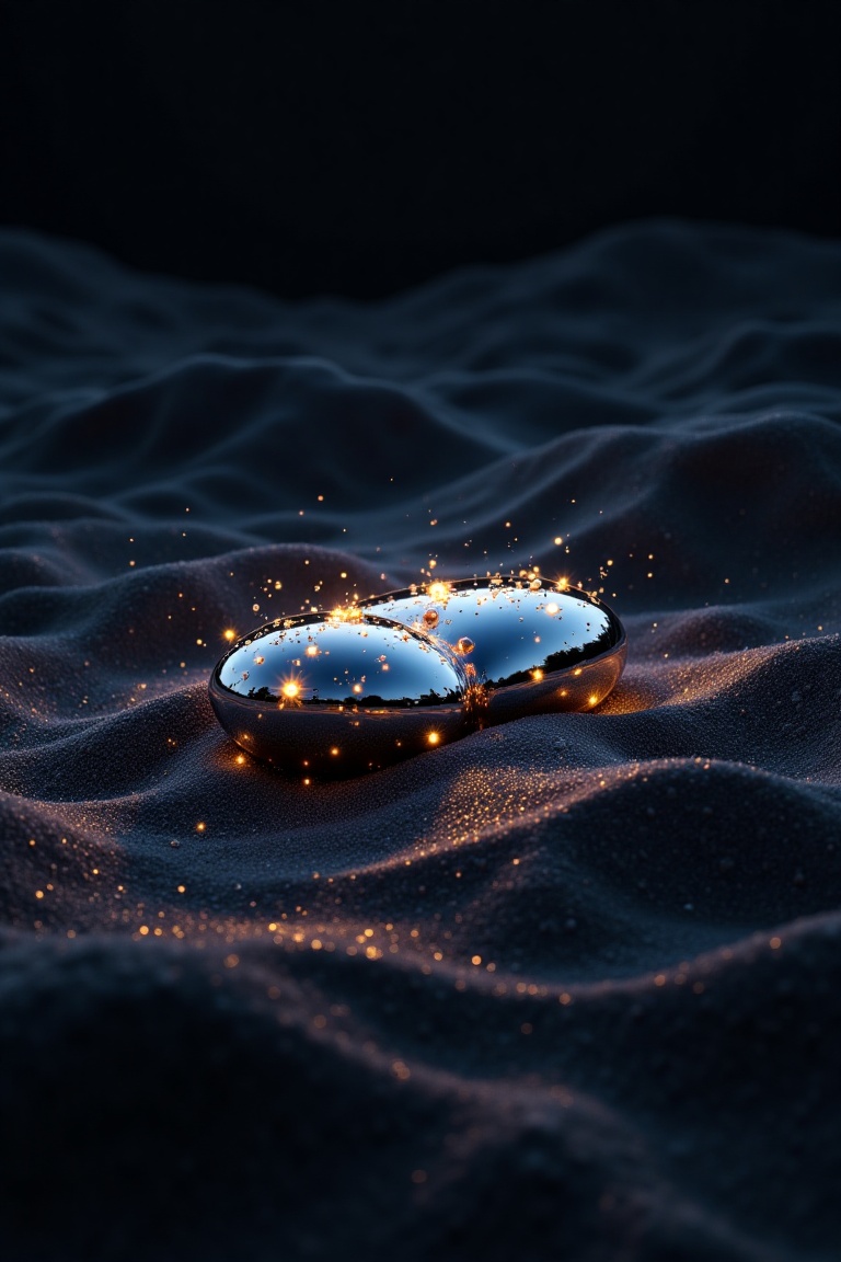 An abstract,  shiny,  glimmering oblong metal object appears goopy and otherworldly as it floats in the middle of a dark s...