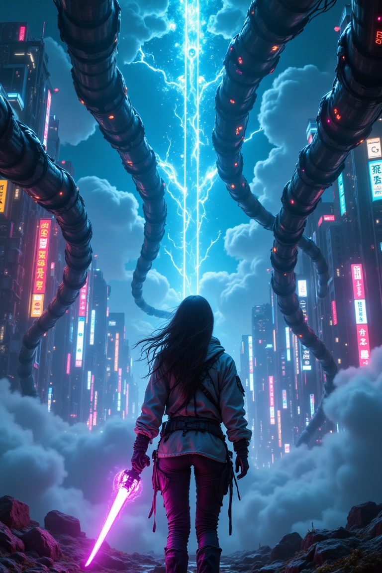 A cinematic 16:9 shot captures a cyberpunk scene from behind a woman,  her glowing energy weapon materializing dramaticall...