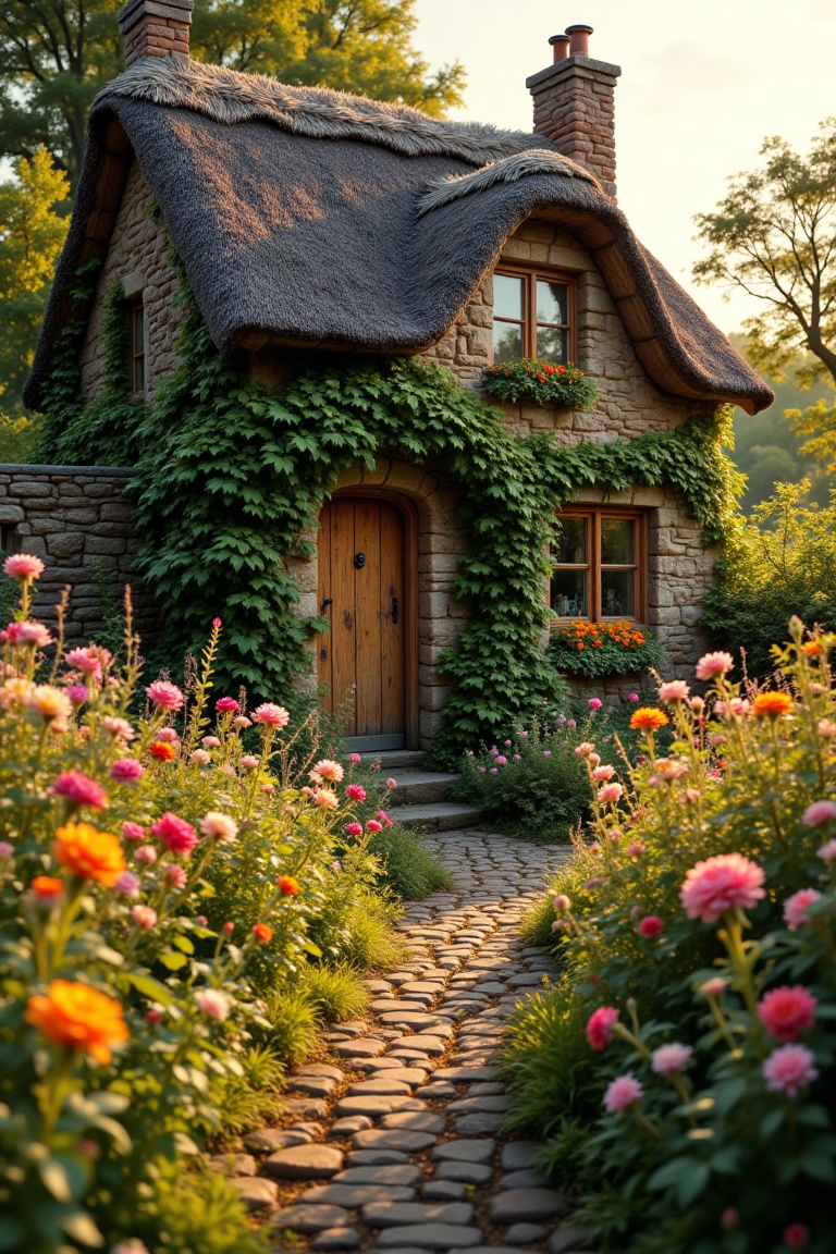 A rustic country house nestled in a sea of vibrant wildflowers,  framed by a wide-angle shot capturing the charming cottag...