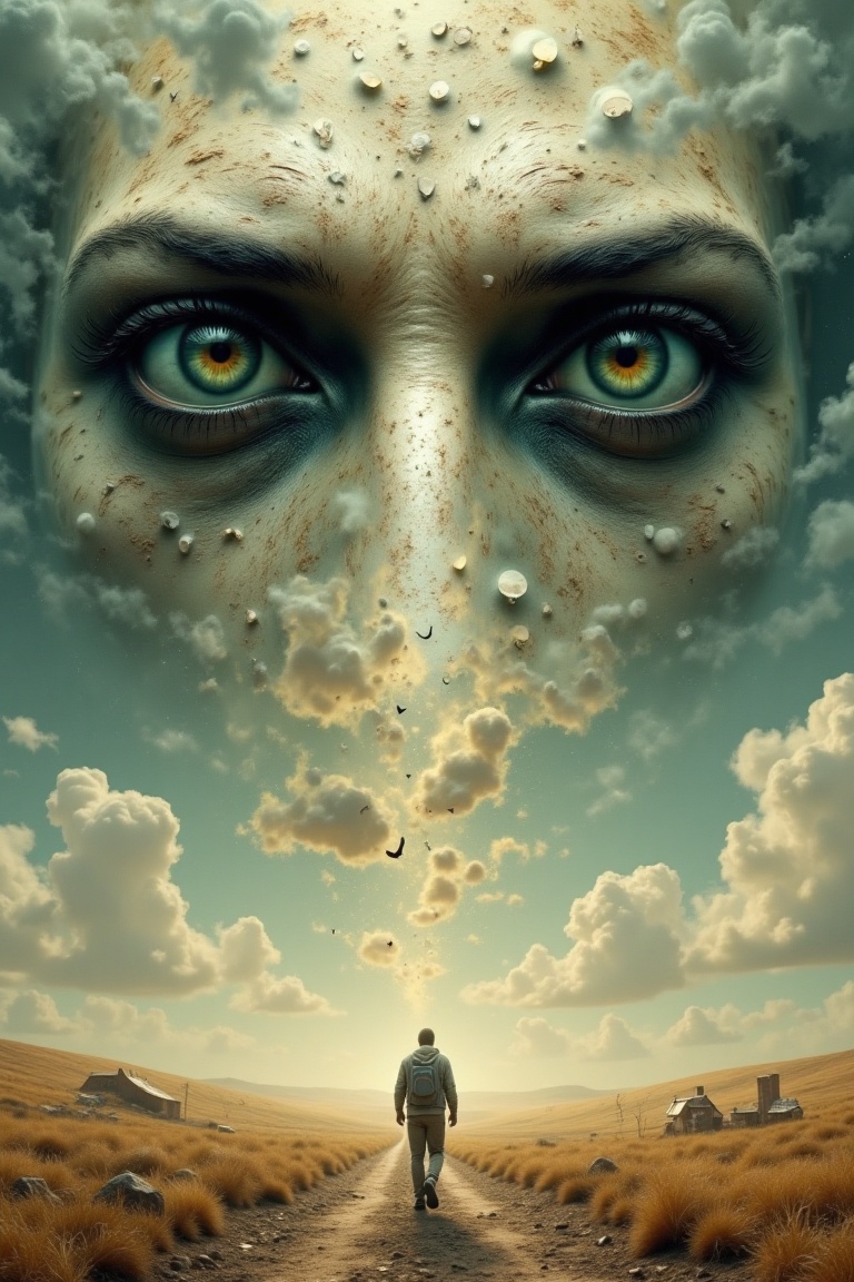 Abstract eyes peer down from an endless sky,  their gaze both watchful and enigmatic. Below,  a lone man walks away on Ten...