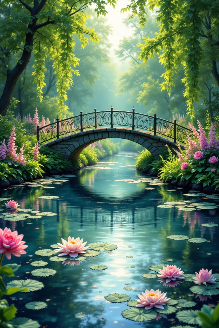 A serene garden pond scene in Monet's style,  framed in a 3:2 aspect ratio. A delicate bridge arches over the water,  refl...