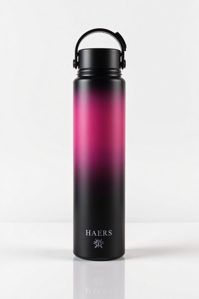 A sleek cylindrical bottle with a handle at the top,  designed for outdoor use. The color gradient transitions smoothly fr...