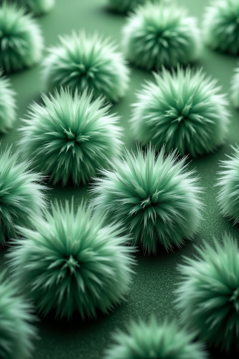 A vertically oriented wallpaper design featuring elegant,  smooth,  silky fur balls in a soothing green color theme. The c...