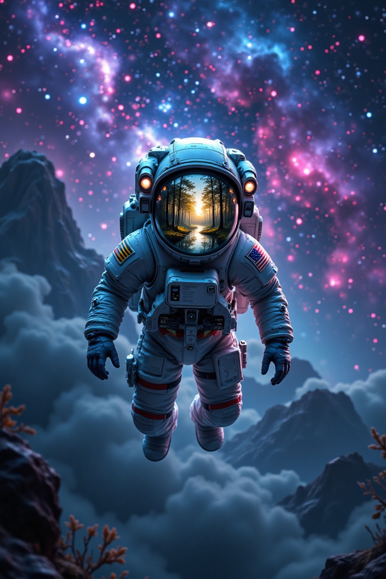 A lost astronaut floats in zero gravity,  surrounded by the vastness of outer space. A delicate forest lake landscape refl...