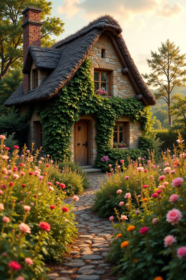 A rustic country house nestled in a sea of vibrant wildflowers,  framed by a wide-angle shot capturing the charming cottag...