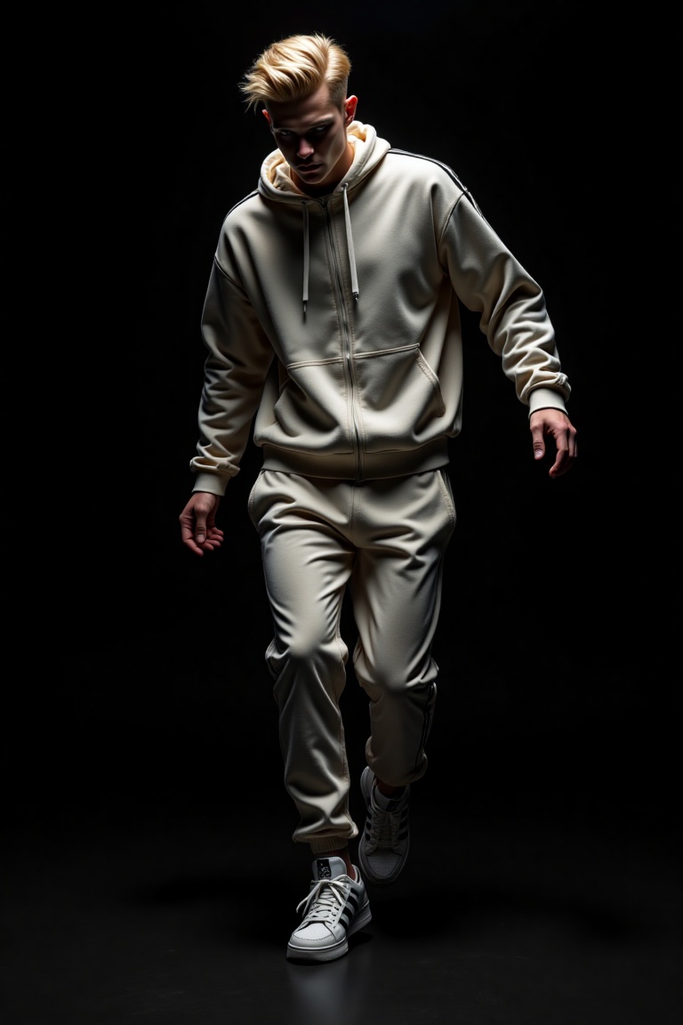 An ultra-realistic studio photograph captures a close face shot of a blonde male model against a stark black background. W...