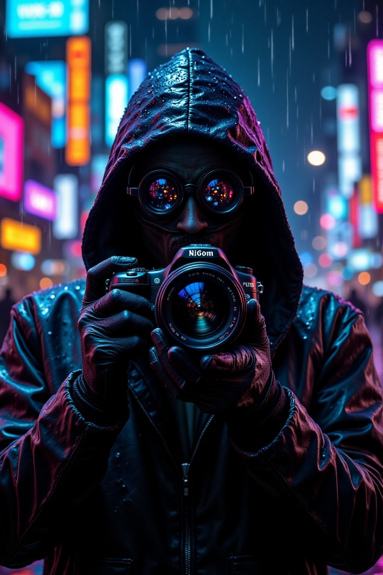 A mysterious hooded photographer stands in a neon-lit city at night,  his face hidden beneath shadows cast by the hood and...