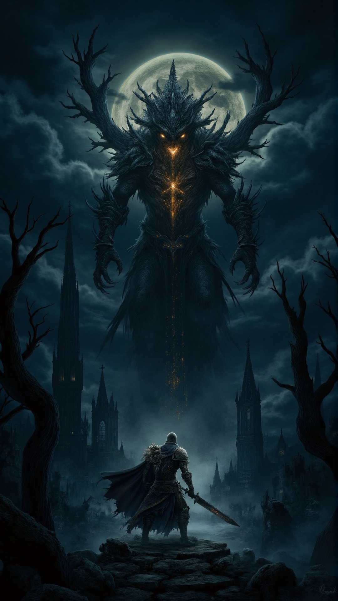 A lone armored knight stands on a crumbling bridge under a stormy night sky,  gripping a massive,  battle-worn greatsword....