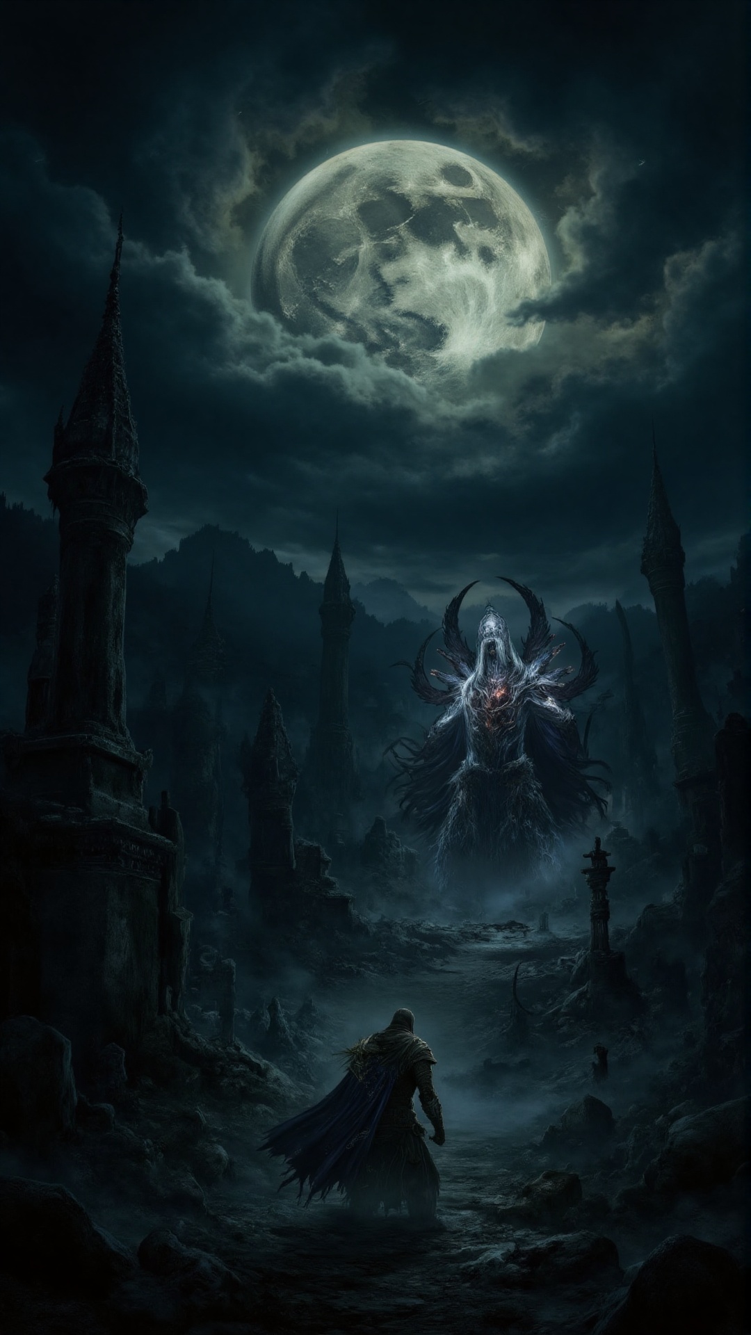 A lone wanderer,  clad in a tattered cloak,  trudges through an ancient battlefield shrouded in dense fog. The ruins of a...