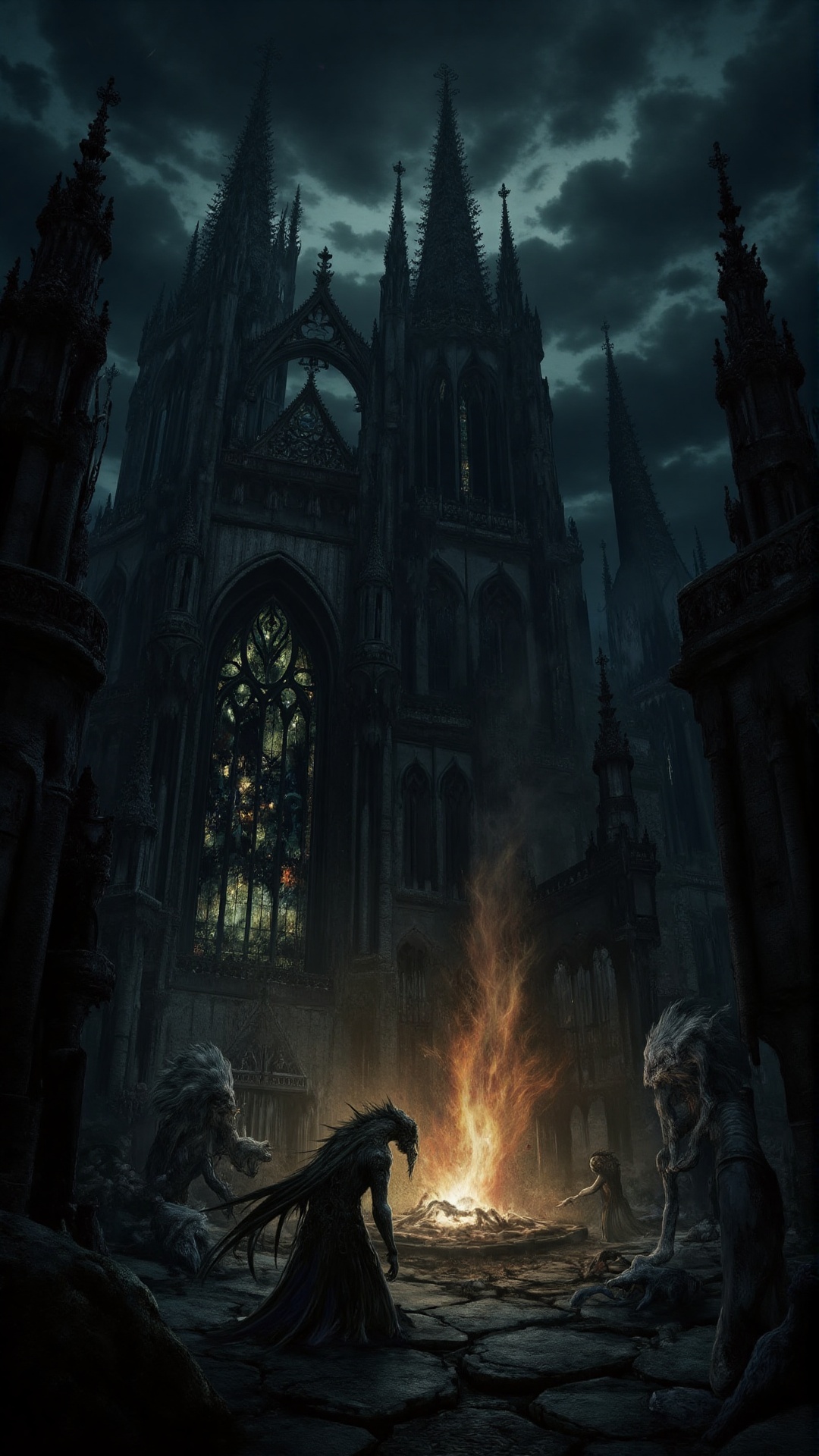 A vast,  decayed gothic cathedral stands amidst an apocalyptic landscape,  its towering spires piercing a storm-choked sky...