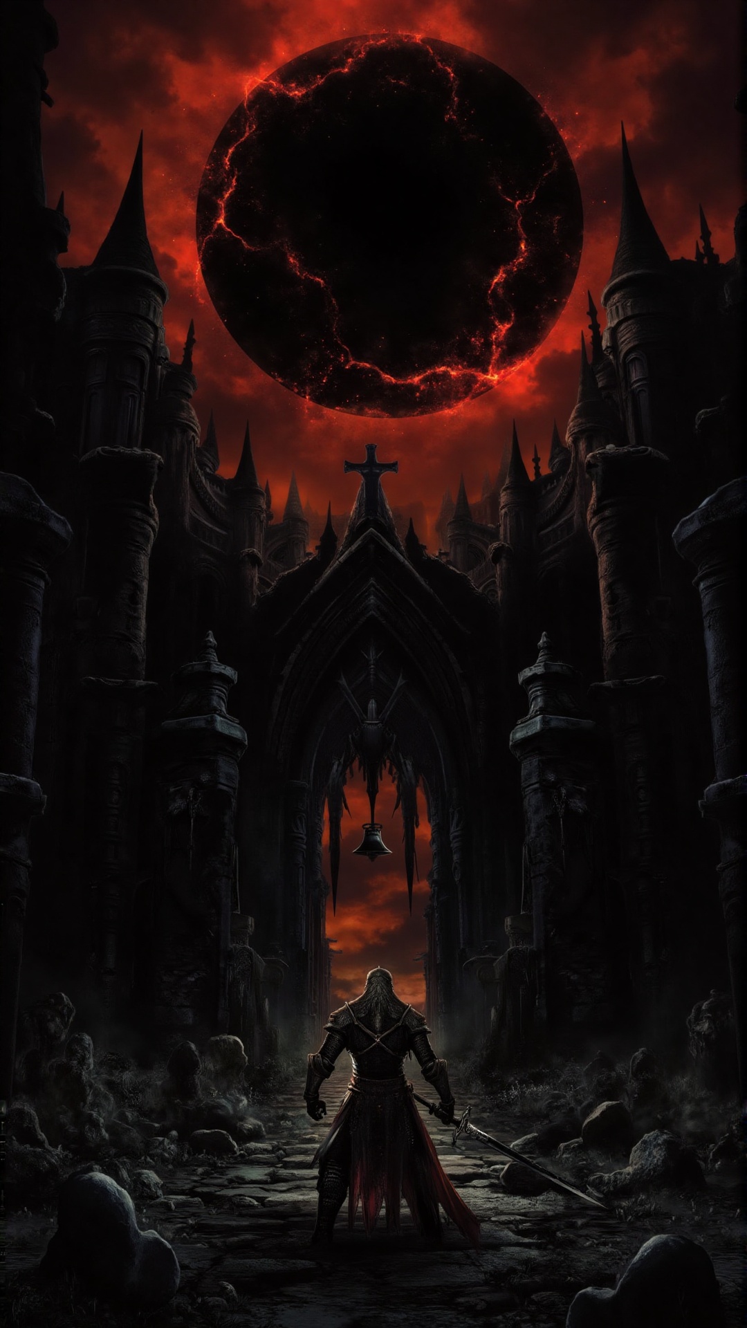 A fearless knight stands on the shattered stones of an ancient battlefield,  watching as a burning eclipse casts an ominou...