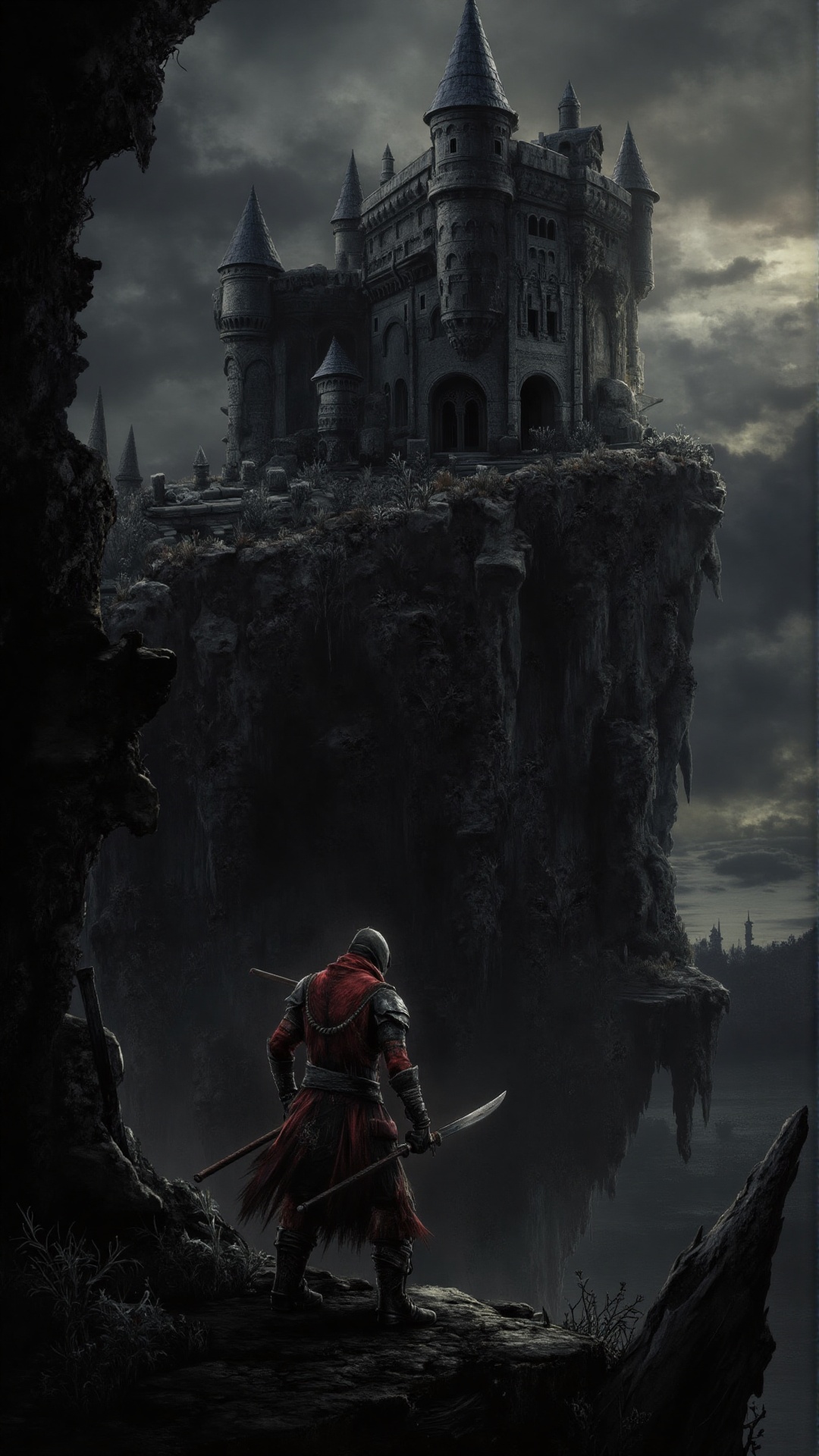 A weary warrior,  cloaked in tattered crimson,  gazes upon a massive crumbling watchtower perched on the edge of a jagged...