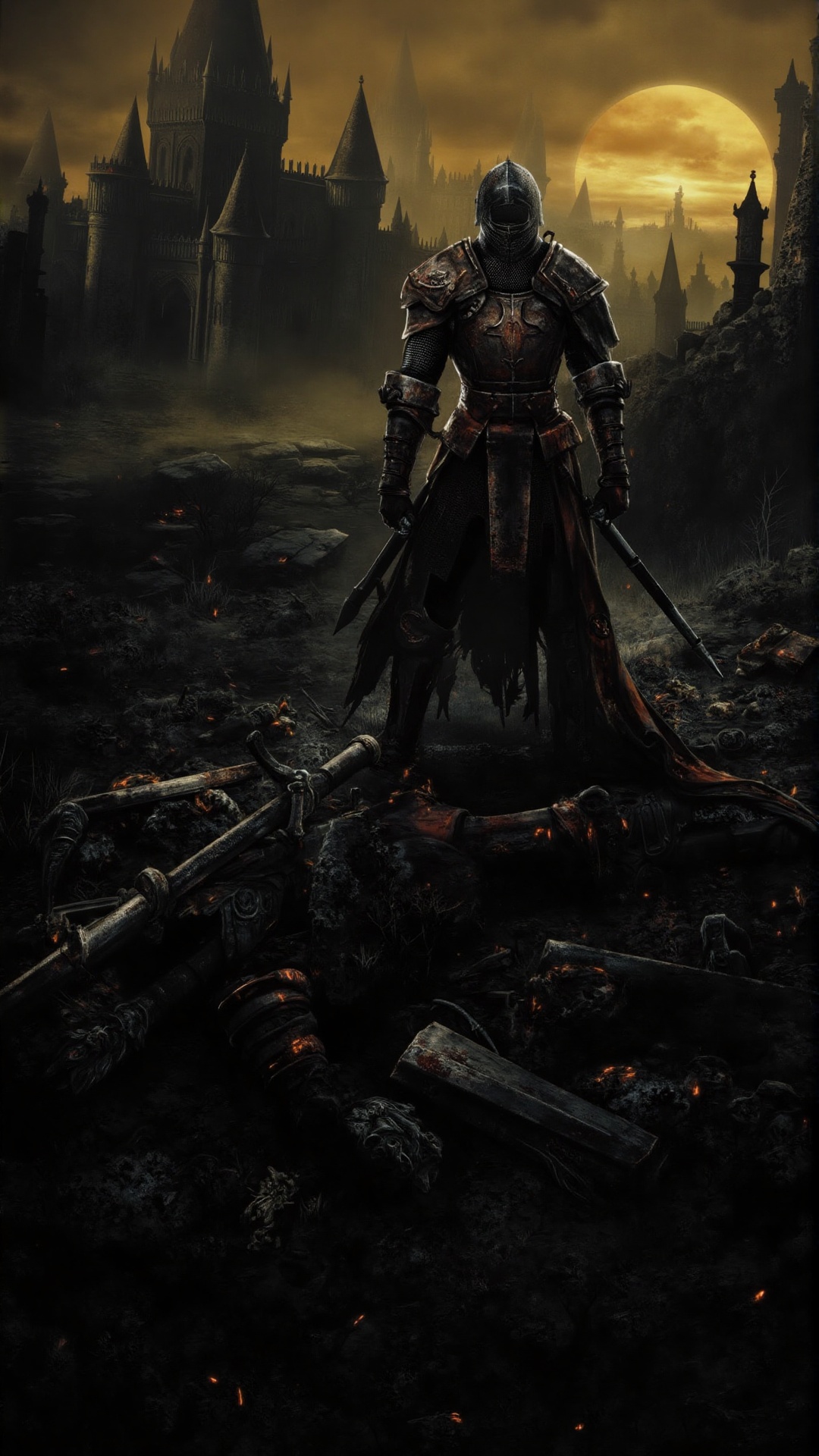 A lone knight clad in tarnished,  battle-worn armor stands atop a blackened hill,  gripping a longsword and a heavy shield...