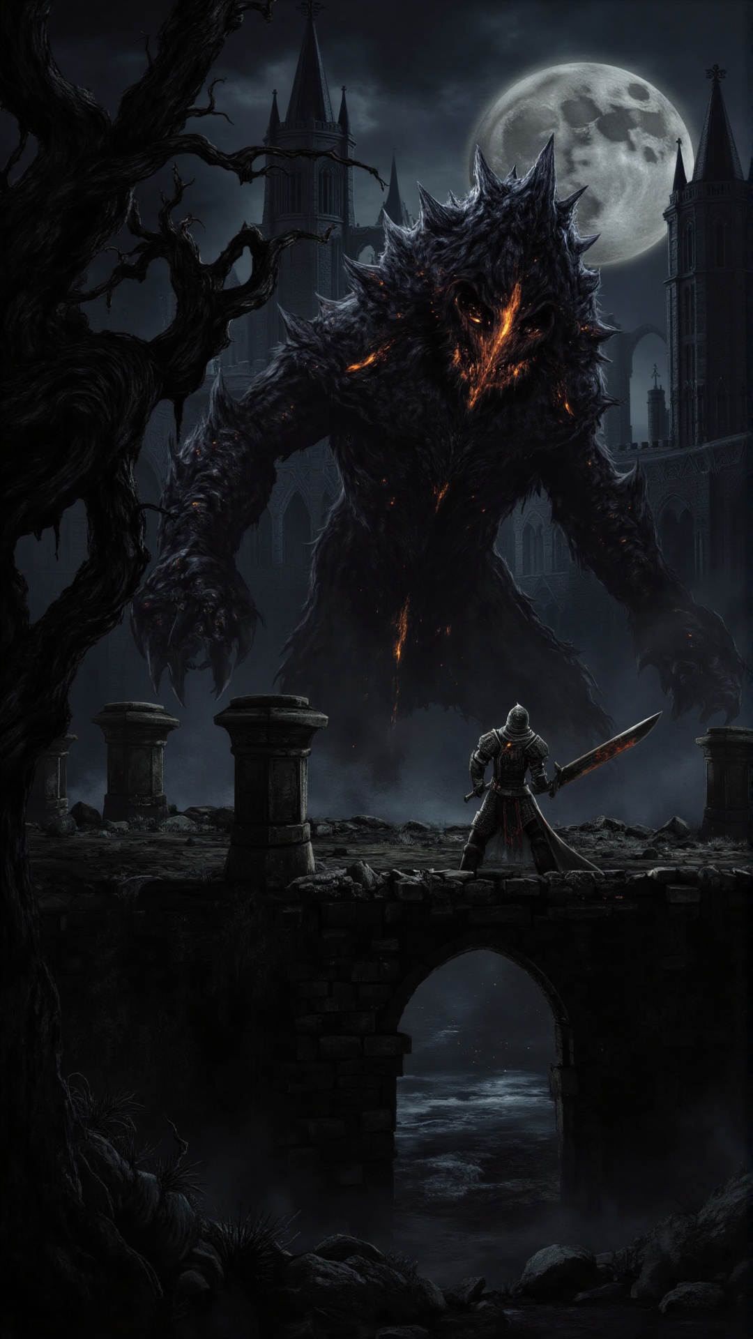 A lone armored knight stands on a crumbling bridge under a stormy night sky,  gripping a massive,  battle-worn greatsword....