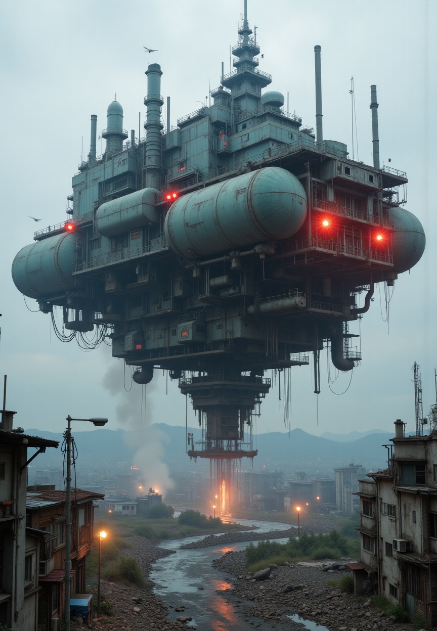 photography of A massive,  floating fortress hovering over a ruined city,  held in the air by powerful anti-gravity engine...